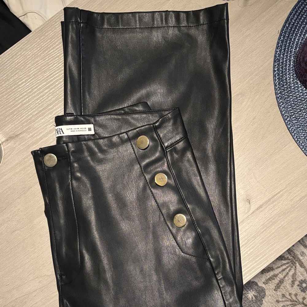Zara Black Faux Leather Pants with Gold Buttons